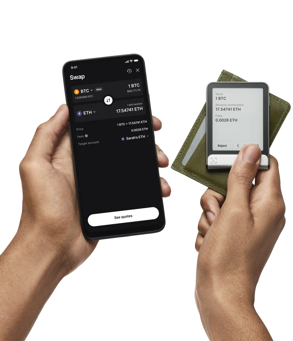 Swapping BTC to ETH on mobile while confirming on a Ledger Flex hardware wallet