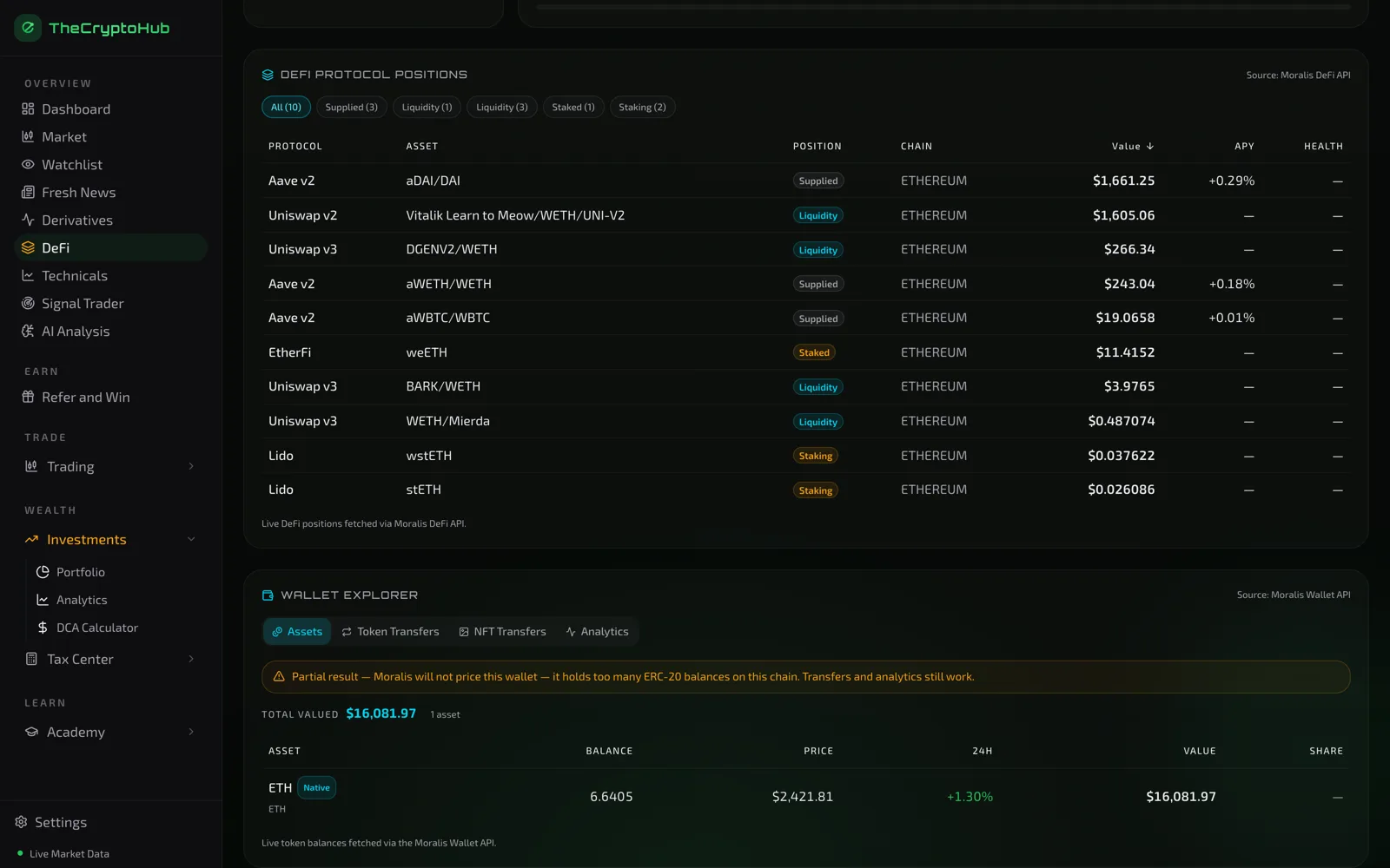 DeFi positions for a wallet showing Aave, Uniswap, Lido and EtherFi positions with APY