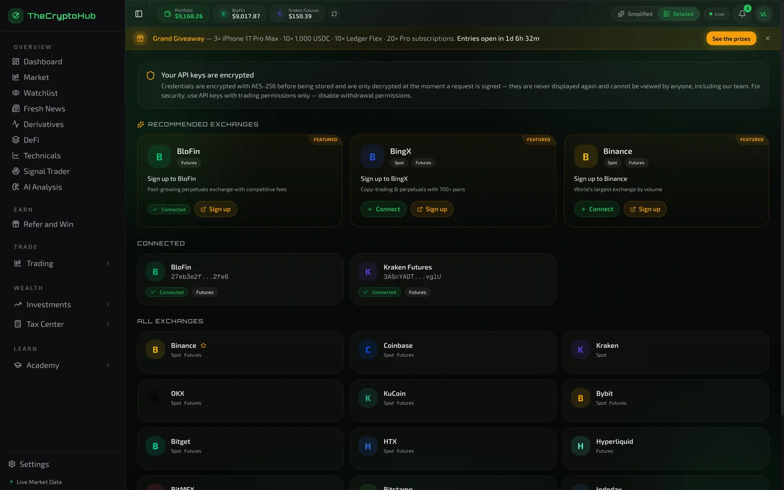 Exchange connection screen showing supported venues and the encryption notice