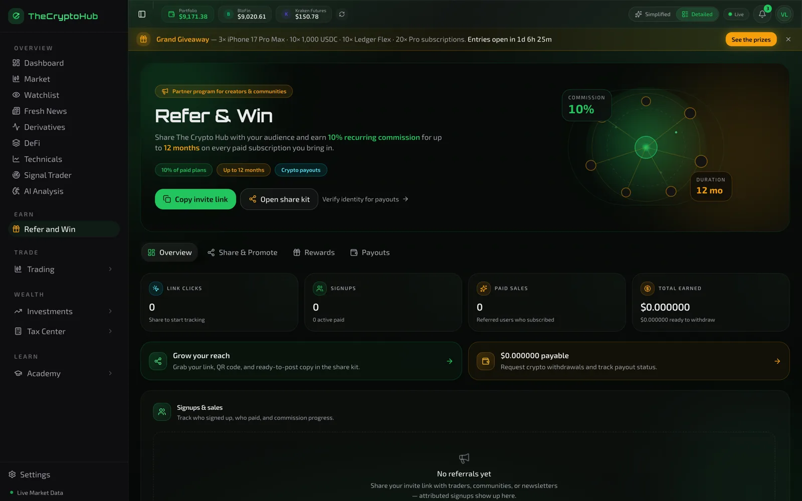 Refer and Win overview showing referral performance and earnings