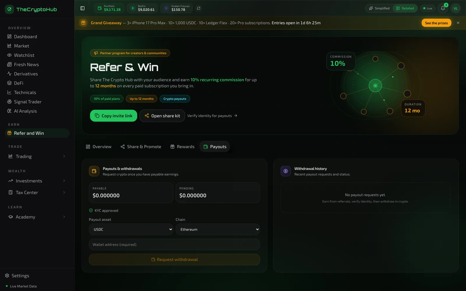 Crypto payout requests and history