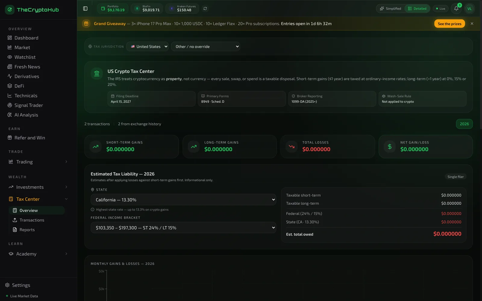 Tax Center showing a continuously maintained tax position