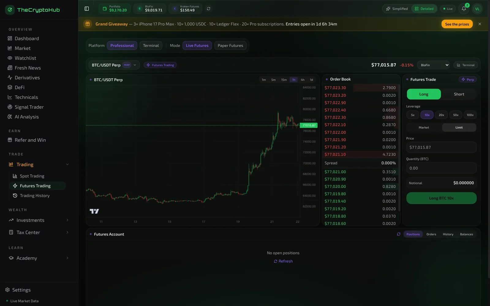 Futures trading interface with order entry, leverage controls and open positions